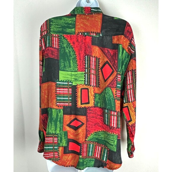 Vintage SK Wear SILK Bold Green Orange Long Sleeve Blouse Shirt Size M - Picture 6 of 13